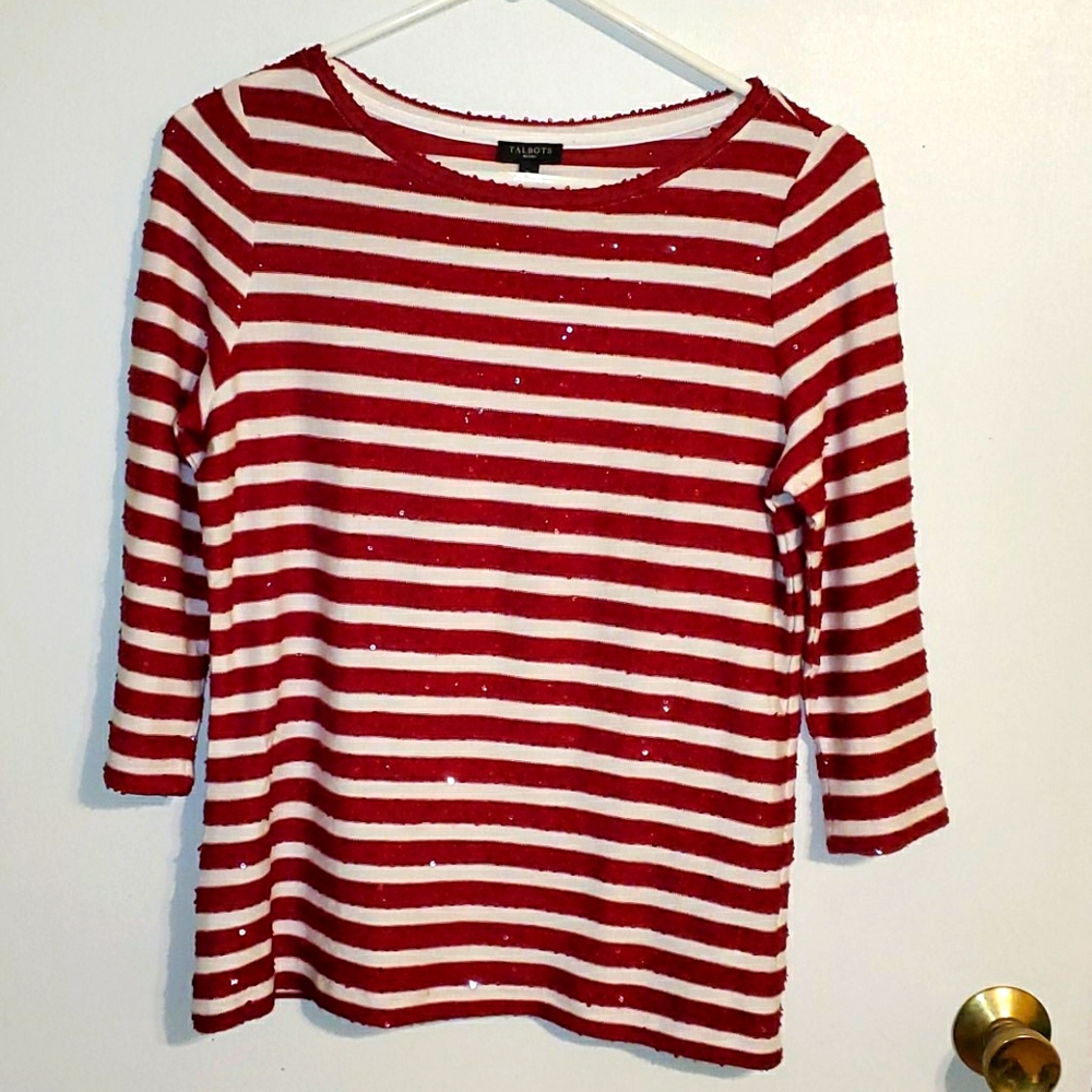 Talbot's women's SP white with red sequin sparkle stripes, 3/4 sleeve top